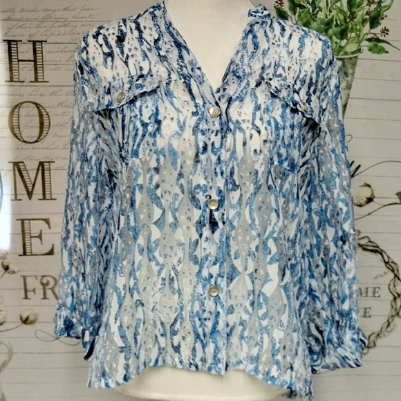 Lark Lane Tops - Lark Lane Blue/White Sheer Blouse Size 12